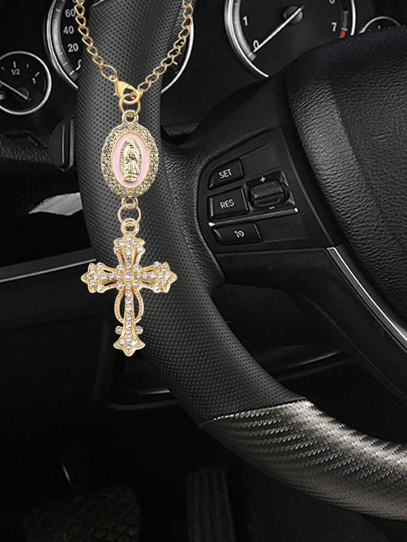 1pc Steering Wheel Decor- With Virgin Mary Pendant And Diamond Cross Accessory, Multi-Color Options; Catholic Pendant, Car Accessories, Cross Keychain, Adjustable Chain, Fashionable Accessory; Mother