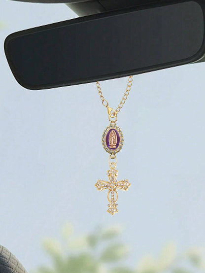 1pc Steering Wheel Decor- With Virgin Mary Pendant And Diamond Cross Accessory, Multi-Color Options; Catholic Pendant, Car Accessories, Cross Keychain, Adjustable Chain, Fashionable Accessory; Mother