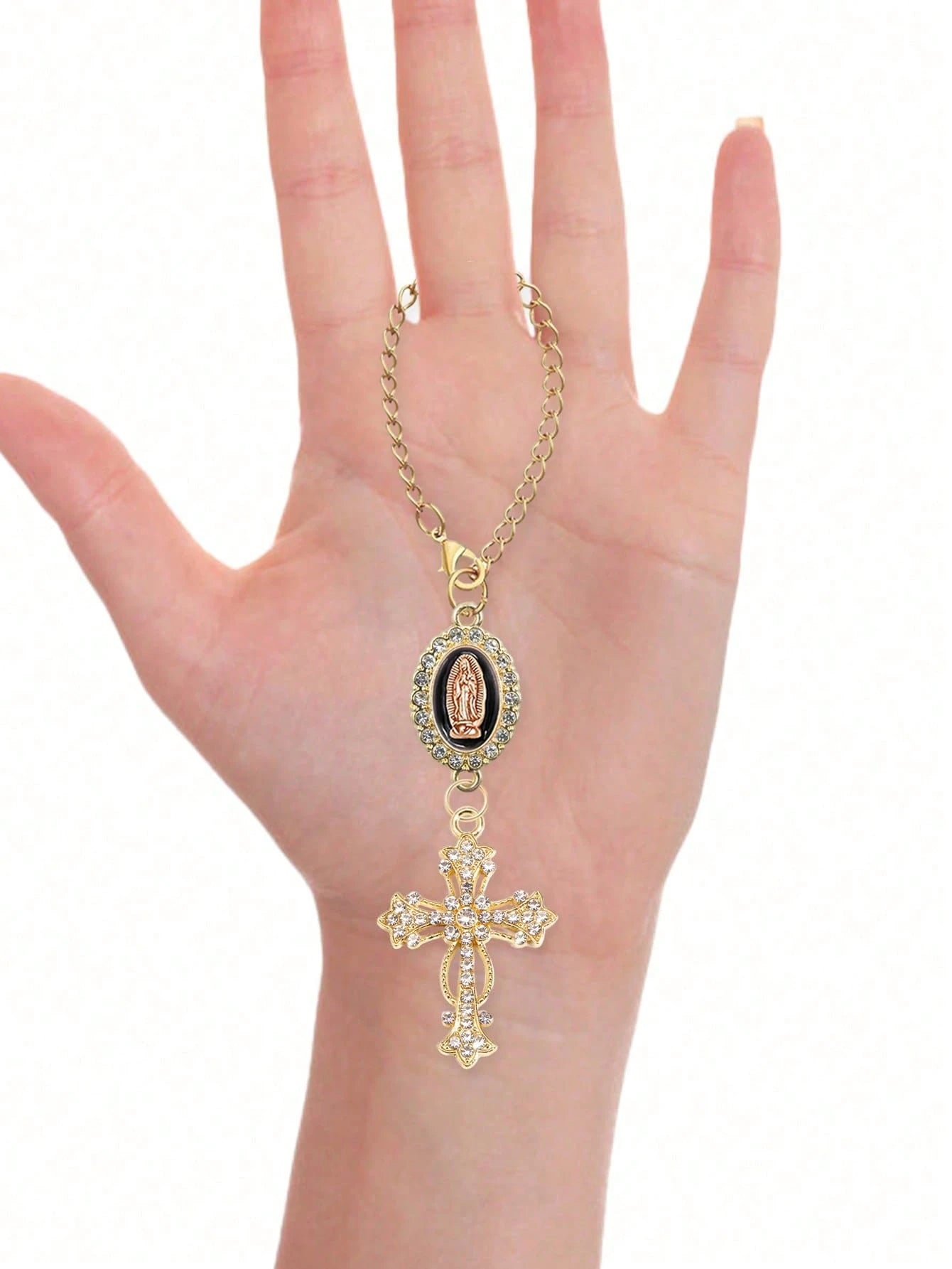 1pc Steering Wheel Decor- With Virgin Mary Pendant And Diamond Cross Accessory, Multi-Color Options; Catholic Pendant, Car Accessories, Cross Keychain, Adjustable Chain, Fashionable Accessory; Mother