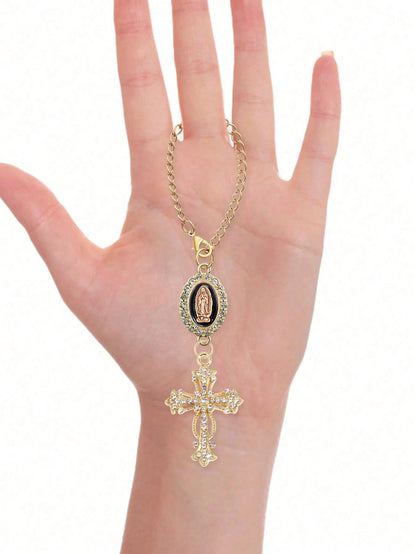 1pc Steering Wheel Decor- With Virgin Mary Pendant And Diamond Cross Accessory, Multi-Color Options; Catholic Pendant, Car Accessories, Cross Keychain, Adjustable Chain, Fashionable Accessory; Mother