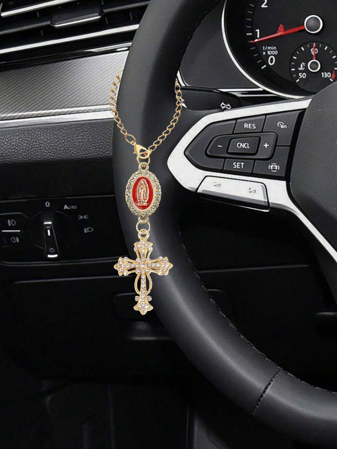 1pc Steering Wheel Decor- With Virgin Mary Pendant And Diamond Cross Accessory, Multi-Color Options; Catholic Pendant, Car Accessories, Cross Keychain, Adjustable Chain, Fashionable Accessory; Mother