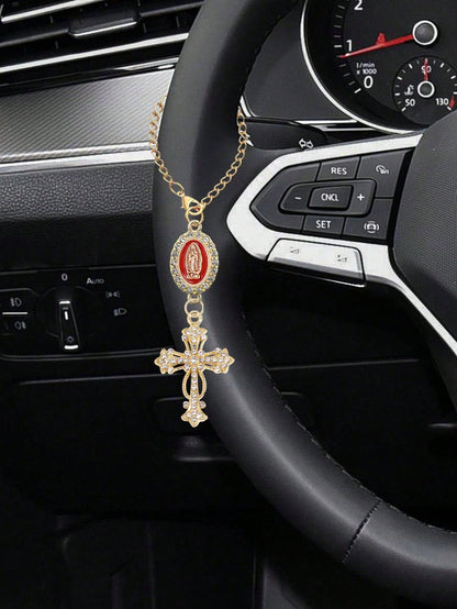 1pc Steering Wheel Decor- With Virgin Mary Pendant And Diamond Cross Accessory, Multi-Color Options; Catholic Pendant, Car Accessories, Cross Keychain, Adjustable Chain, Fashionable Accessory; Mother