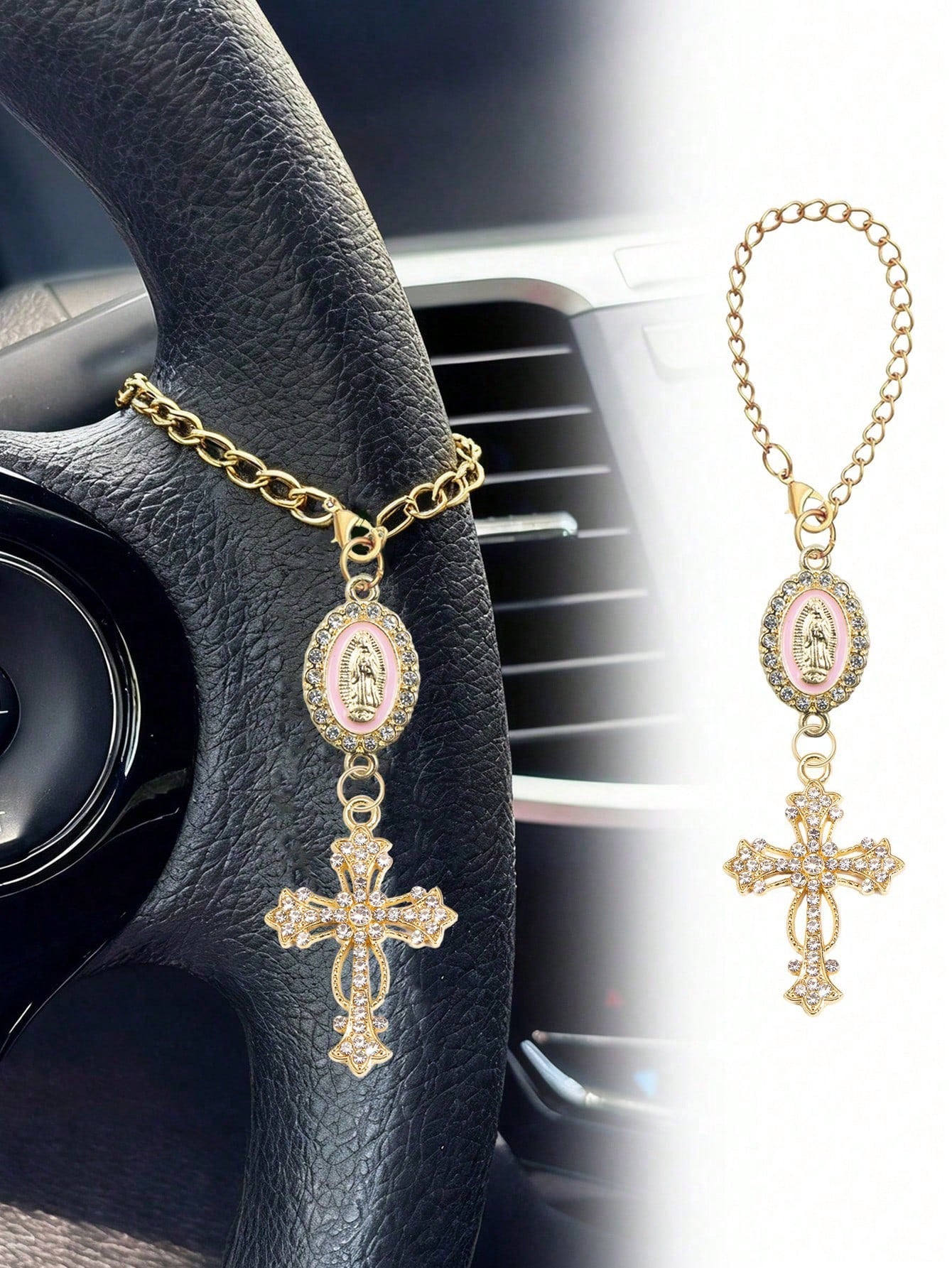 1pc Steering Wheel Decor- With Virgin Mary Pendant And Diamond Cross Accessory, Multi-Color Options; Catholic Pendant, Car Accessories, Cross Keychain, Adjustable Chain, Fashionable Accessory; Mother