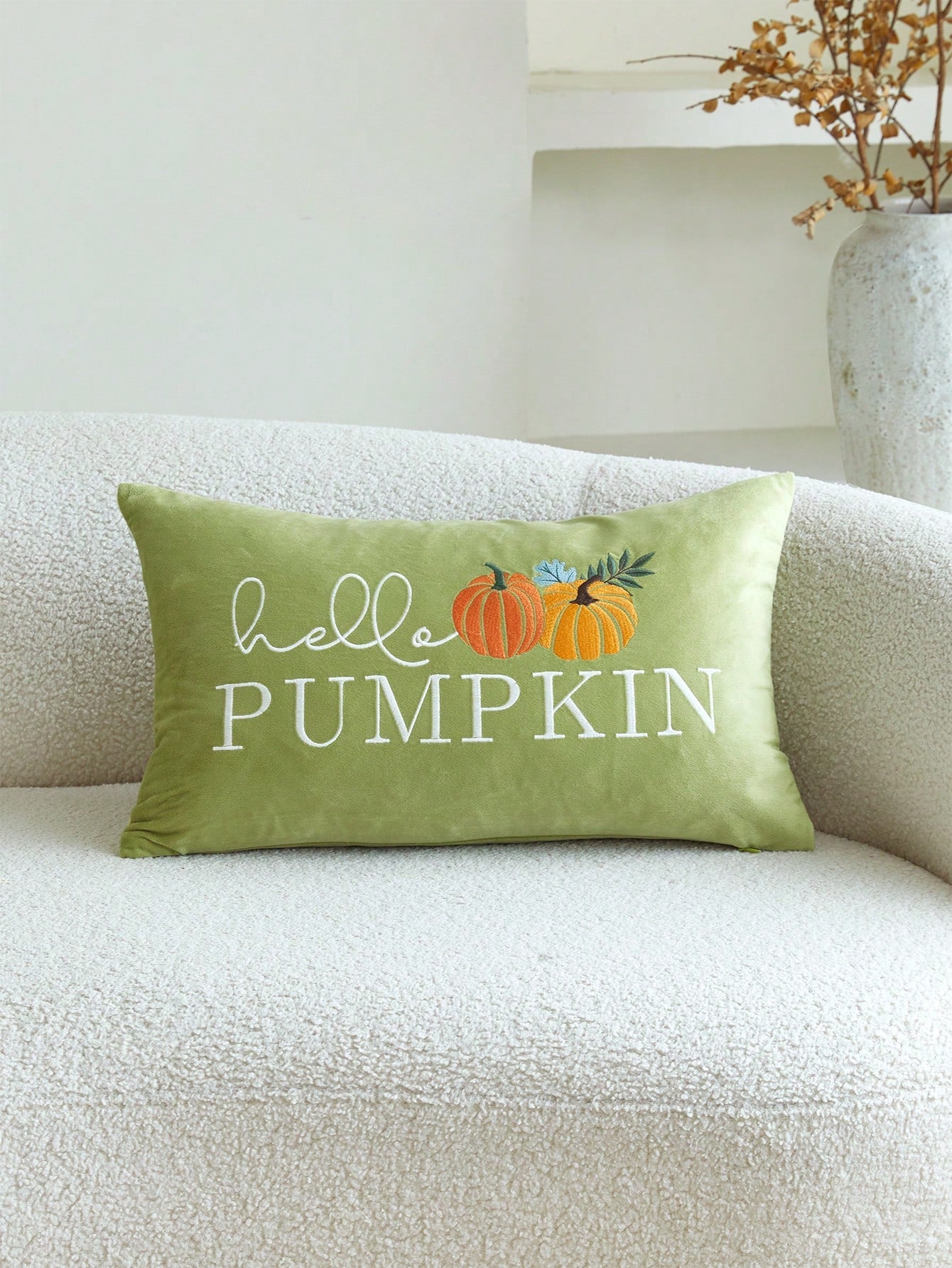 1pc Thanksgiving Green Letter "Hello Pumpkin" Pumpkin Embroidery Pillowcase, 19.6*11.8inch, Suitable For Indoor Decoration, Harvest Festival Decorative Pillowcase, Without Insert