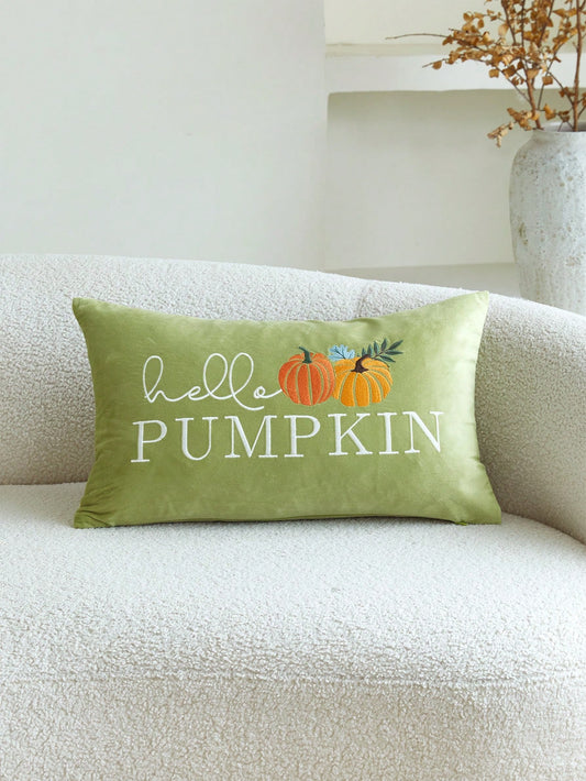 1pc Thanksgiving Green Letter "Hello Pumpkin" Pumpkin Embroidery Pillowcase, 19.6*11.8inch, Suitable For Indoor Decoration, Harvest Festival Decorative Pillowcase, Without Insert