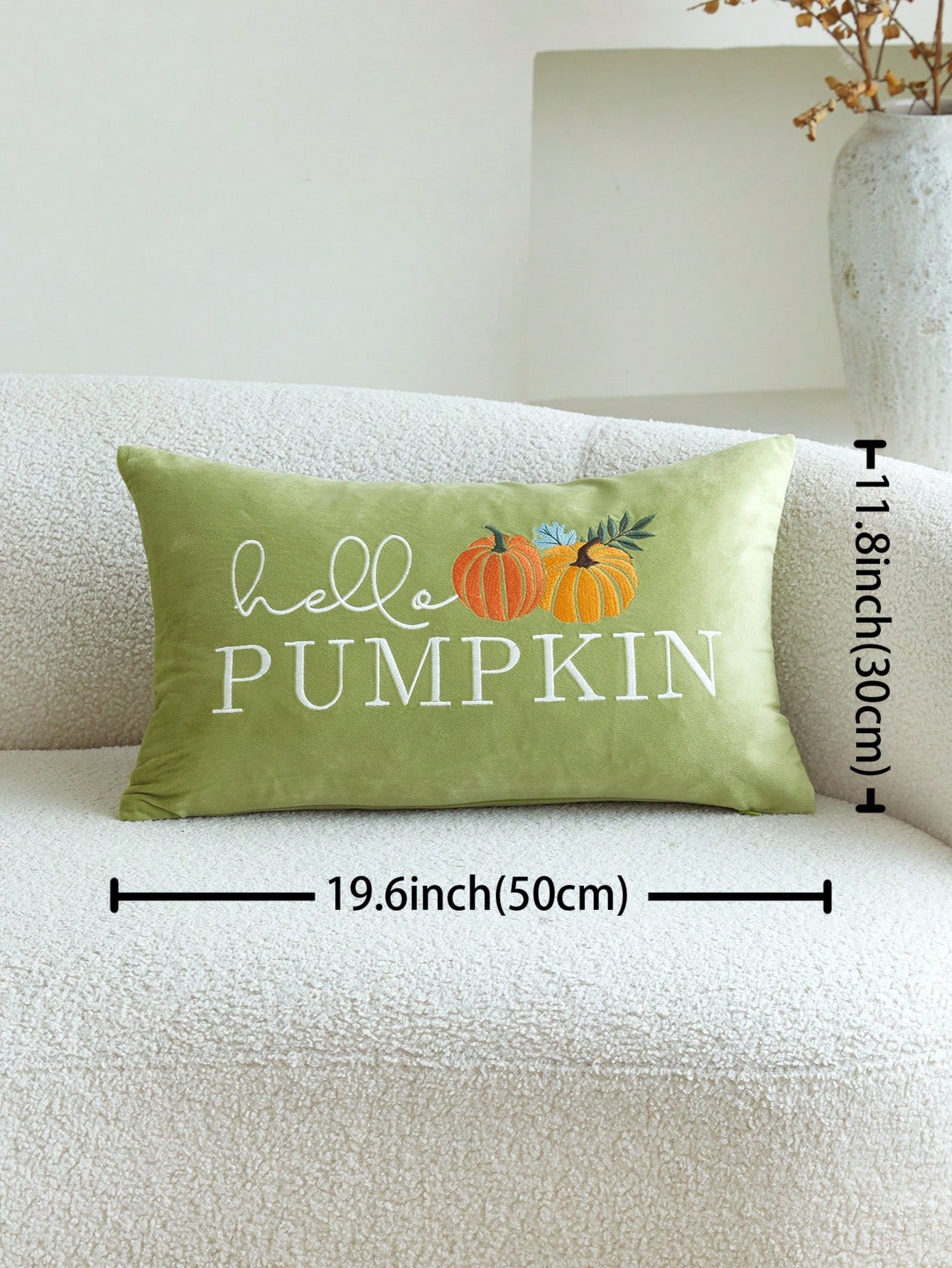 1pc Thanksgiving Green Letter "Hello Pumpkin" Pumpkin Embroidery Pillowcase, 19.6*11.8inch, Suitable For Indoor Decoration, Harvest Festival Decorative Pillowcase, Without Insert