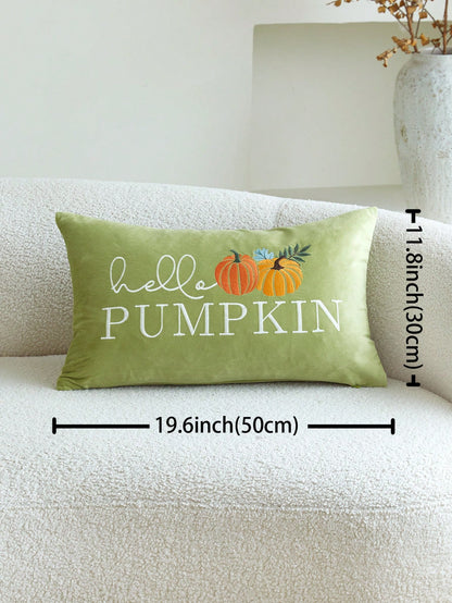 1pc Thanksgiving Green Letter "Hello Pumpkin" Pumpkin Embroidery Pillowcase, 19.6*11.8inch, Suitable For Indoor Decoration, Harvest Festival Decorative Pillowcase, Without Insert