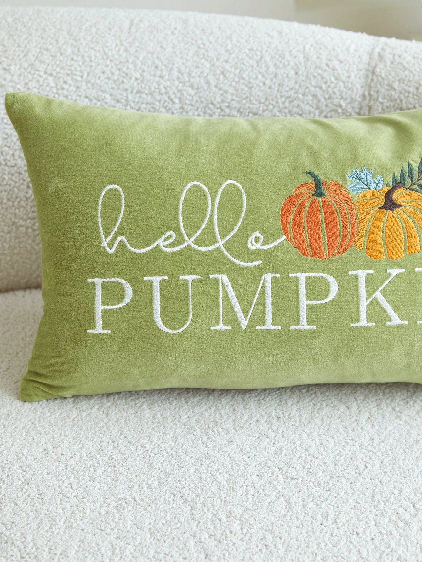 1pc Thanksgiving Green Letter "Hello Pumpkin" Pumpkin Embroidery Pillowcase, 19.6*11.8inch, Suitable For Indoor Decoration, Harvest Festival Decorative Pillowcase, Without Insert