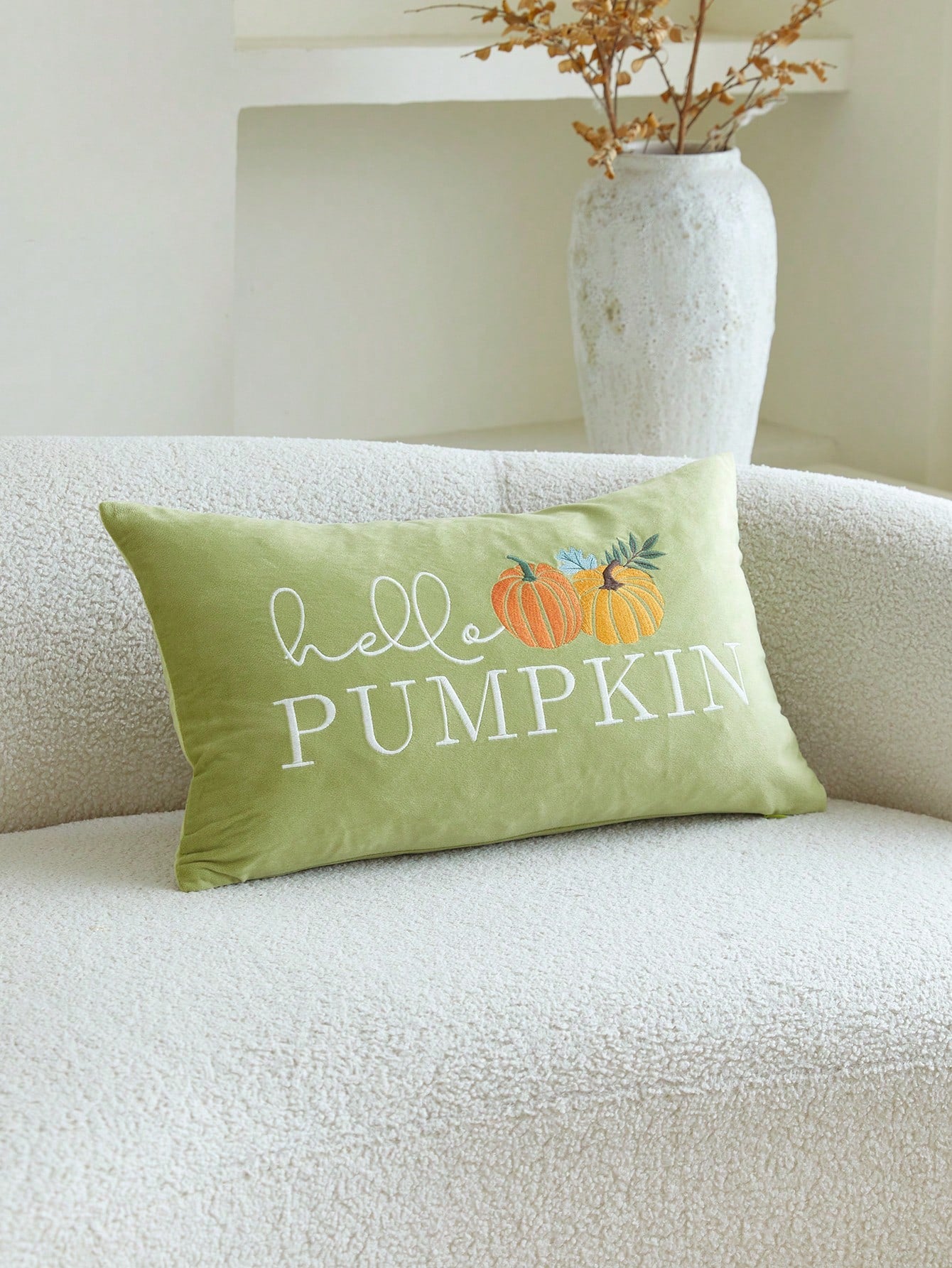 1pc Thanksgiving Green Letter "Hello Pumpkin" Pumpkin Embroidery Pillowcase, 19.6*11.8inch, Suitable For Indoor Decoration, Harvest Festival Decorative Pillowcase, Without Insert