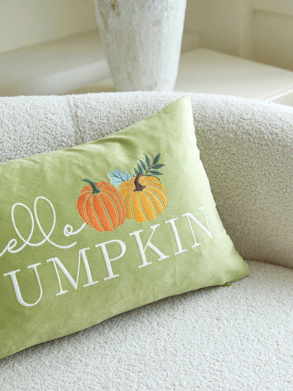 1pc Thanksgiving Green Letter "Hello Pumpkin" Pumpkin Embroidery Pillowcase, 19.6*11.8inch, Suitable For Indoor Decoration, Harvest Festival Decorative Pillowcase, Without Insert