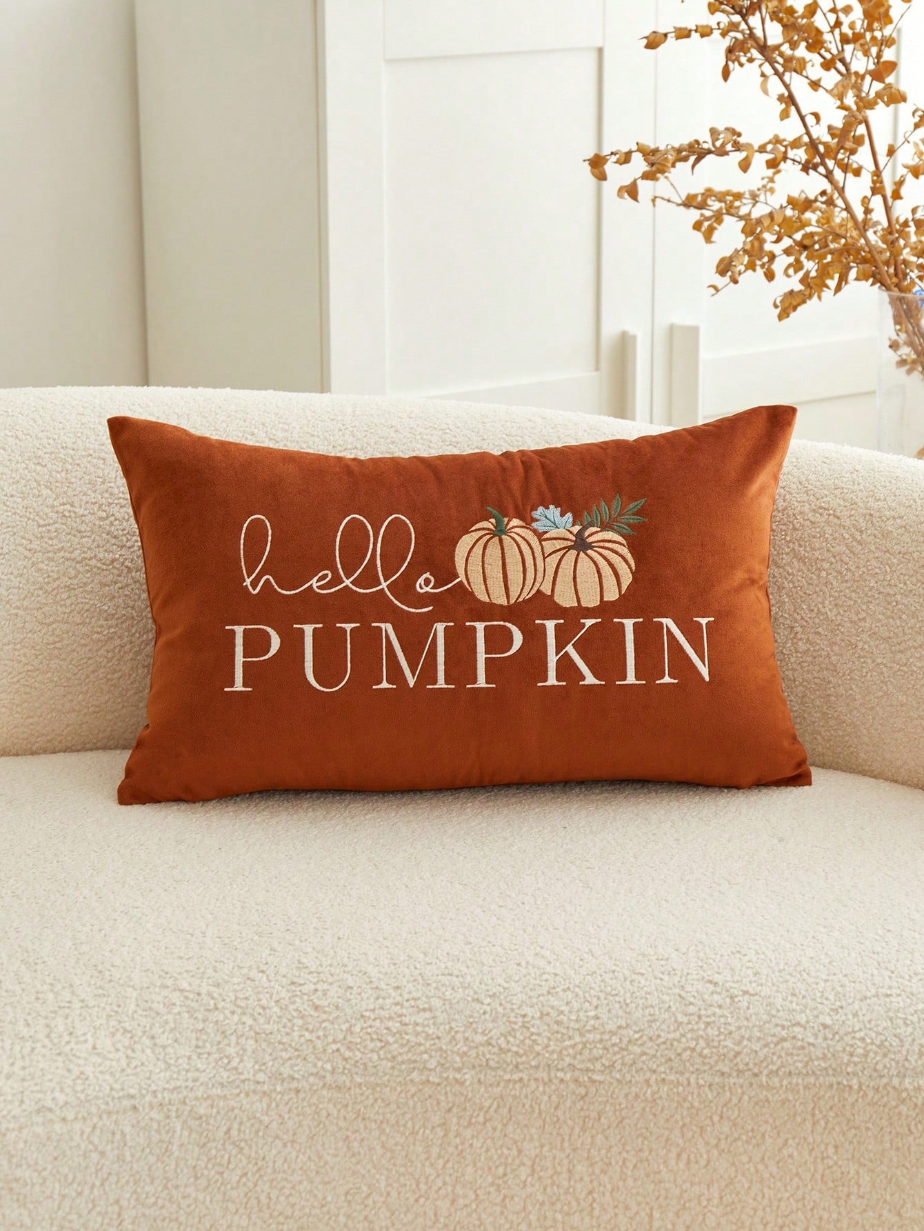 1pc Thanksgiving Hello Pumpkin Letter Embroidered Throw Pillow Cover, 19.6*11.8inch, Suitable For Indoor Decor, Harvest Festival Decorative Pillow Cover, Pillow Insert Not Included