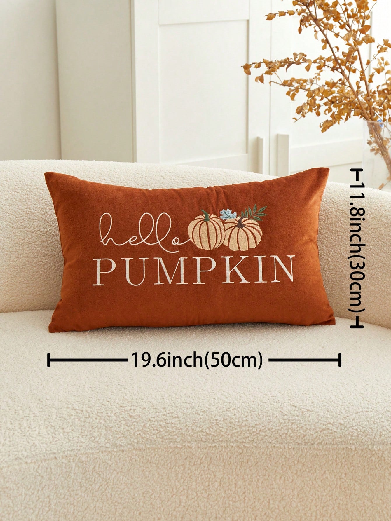 1pc Thanksgiving Hello Pumpkin Letter Embroidered Throw Pillow Cover, 19.6*11.8inch, Suitable For Indoor Decor, Harvest Festival Decorative Pillow Cover, Pillow Insert Not Included