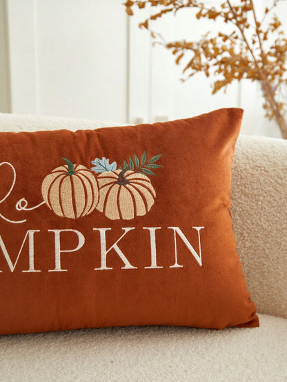 1pc Thanksgiving Hello Pumpkin Letter Embroidered Throw Pillow Cover, 19.6*11.8inch, Suitable For Indoor Decor, Harvest Festival Decorative Pillow Cover, Pillow Insert Not Included