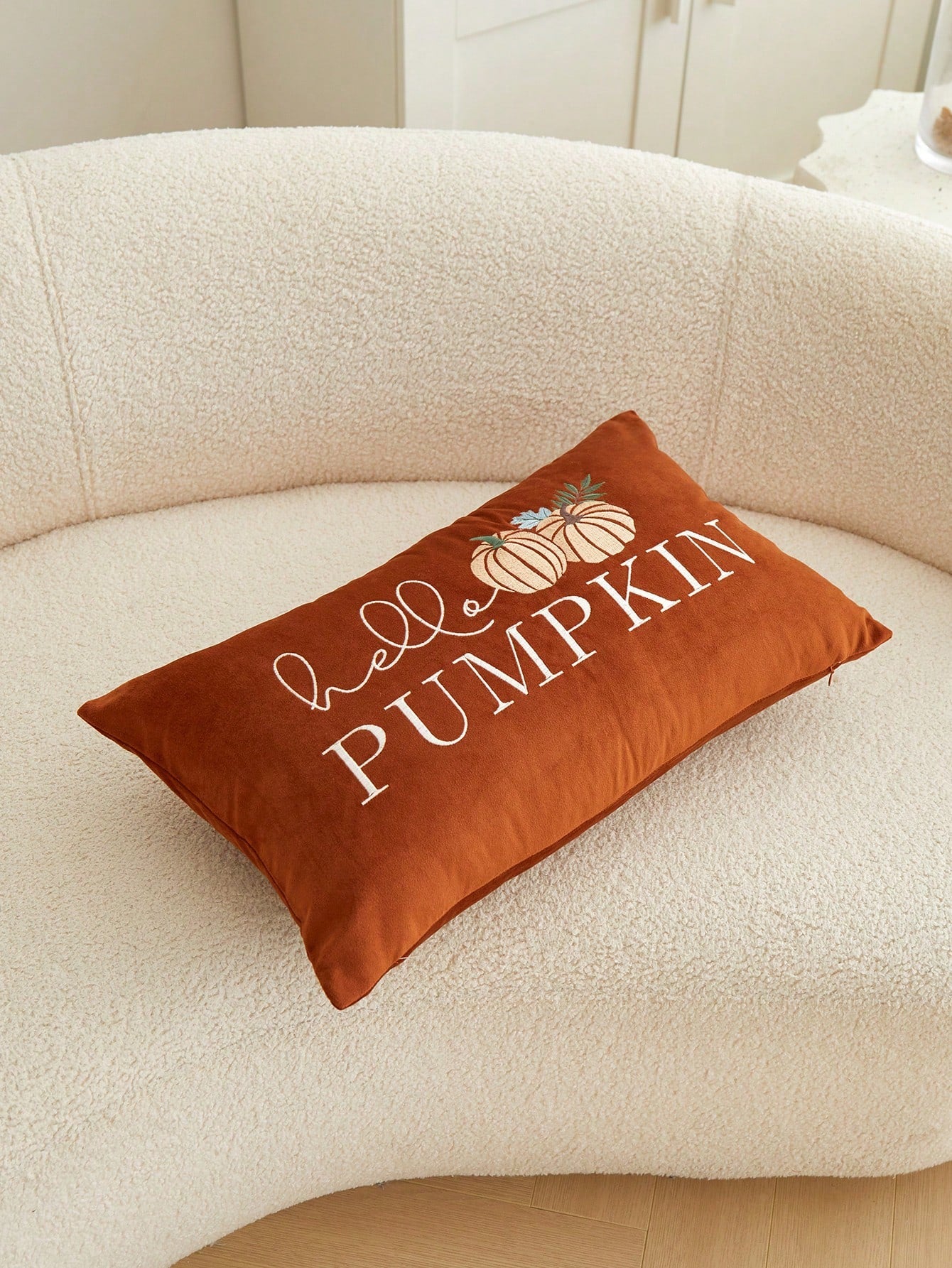 1pc Thanksgiving Hello Pumpkin Letter Embroidered Throw Pillow Cover, 19.6*11.8inch, Suitable For Indoor Decor, Harvest Festival Decorative Pillow Cover, Pillow Insert Not Included