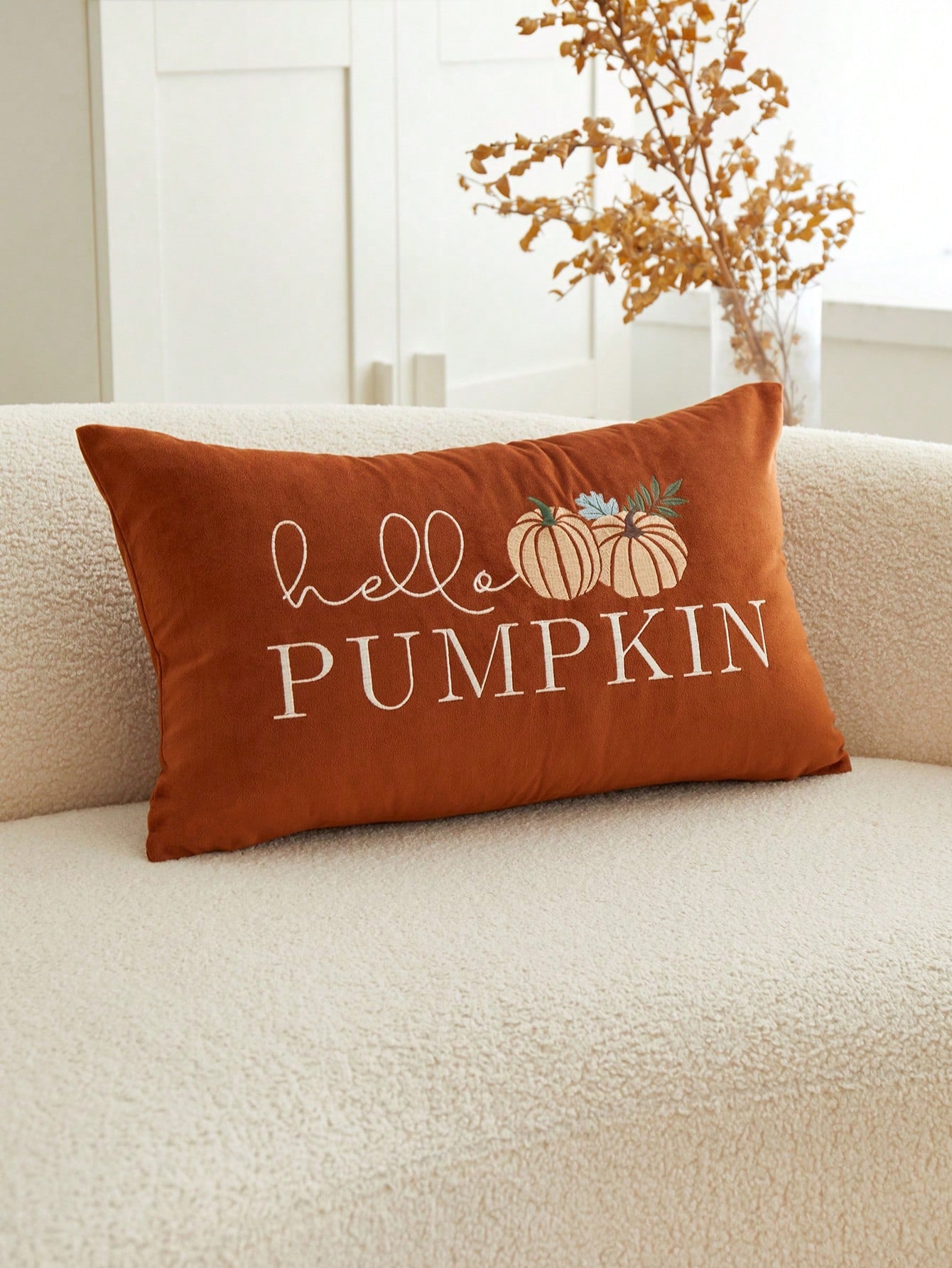 1pc Thanksgiving Hello Pumpkin Letter Embroidered Throw Pillow Cover, 19.6*11.8inch, Suitable For Indoor Decor, Harvest Festival Decorative Pillow Cover, Pillow Insert Not Included