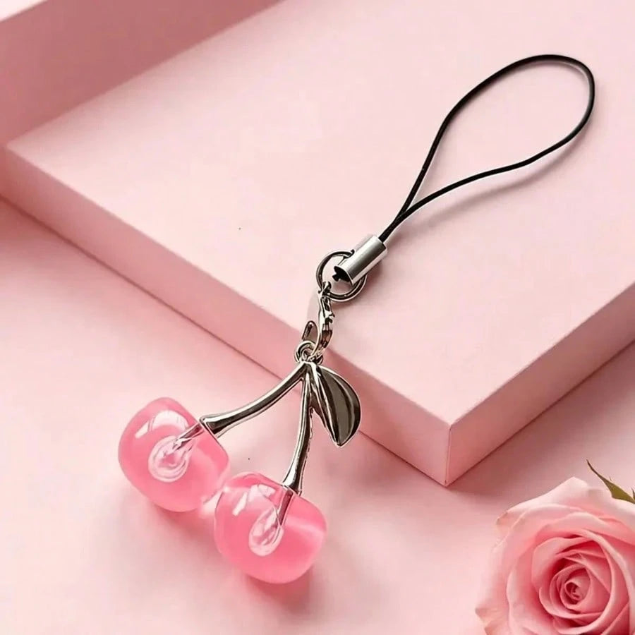 1pc Three-Color Jelly Transparent Cherry, Optional: Transparent Pink, Bright Red, Pure Black, Double Cherry With Shiny Silver Metal Branch And Leaves, Transparent Resin Material With Water-Like Textur