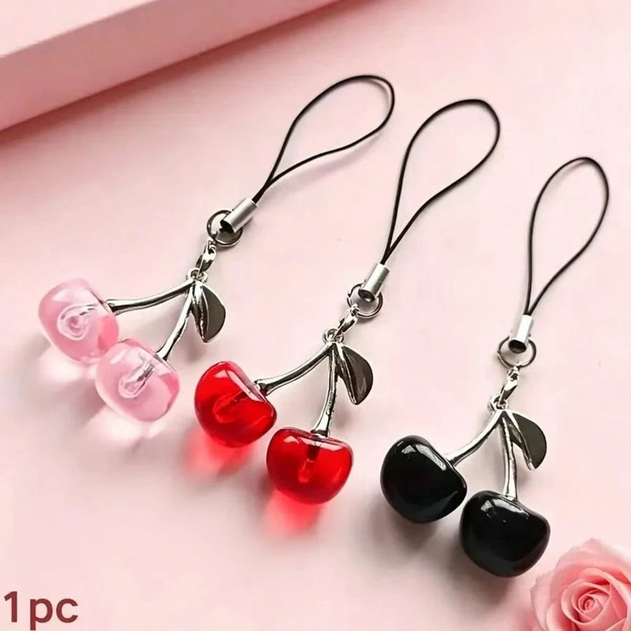 1pc Three-Color Jelly Transparent Cherry, Optional: Transparent Pink, Bright Red, Pure Black, Double Cherry With Shiny Silver Metal Branch And Leaves, Transparent Resin Material With Water-Like Textur