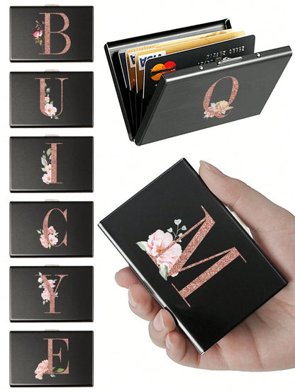 1pc Ultra-Thin Card Holder, Rose Gold, A To Z Letter Pattern Wallet, ID Card/Bank Card Holder, Ultra-Thin Aluminum Alloy Metal Wallet, Bank Card Box, Men's Metal S-Shaped Card Holder, Business Card Ho