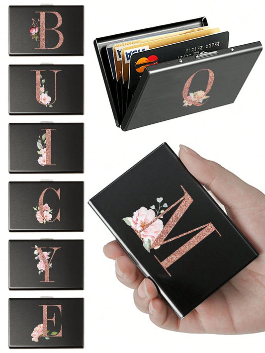 1pc Ultra-Thin Card Holder, Rose Gold, A To Z Letter Pattern Wallet, ID Card/Bank Card Holder, Ultra-Thin Aluminum Alloy Metal Wallet, Bank Card Box, Men's Metal S-Shaped Card Holder, Business Card Ho
