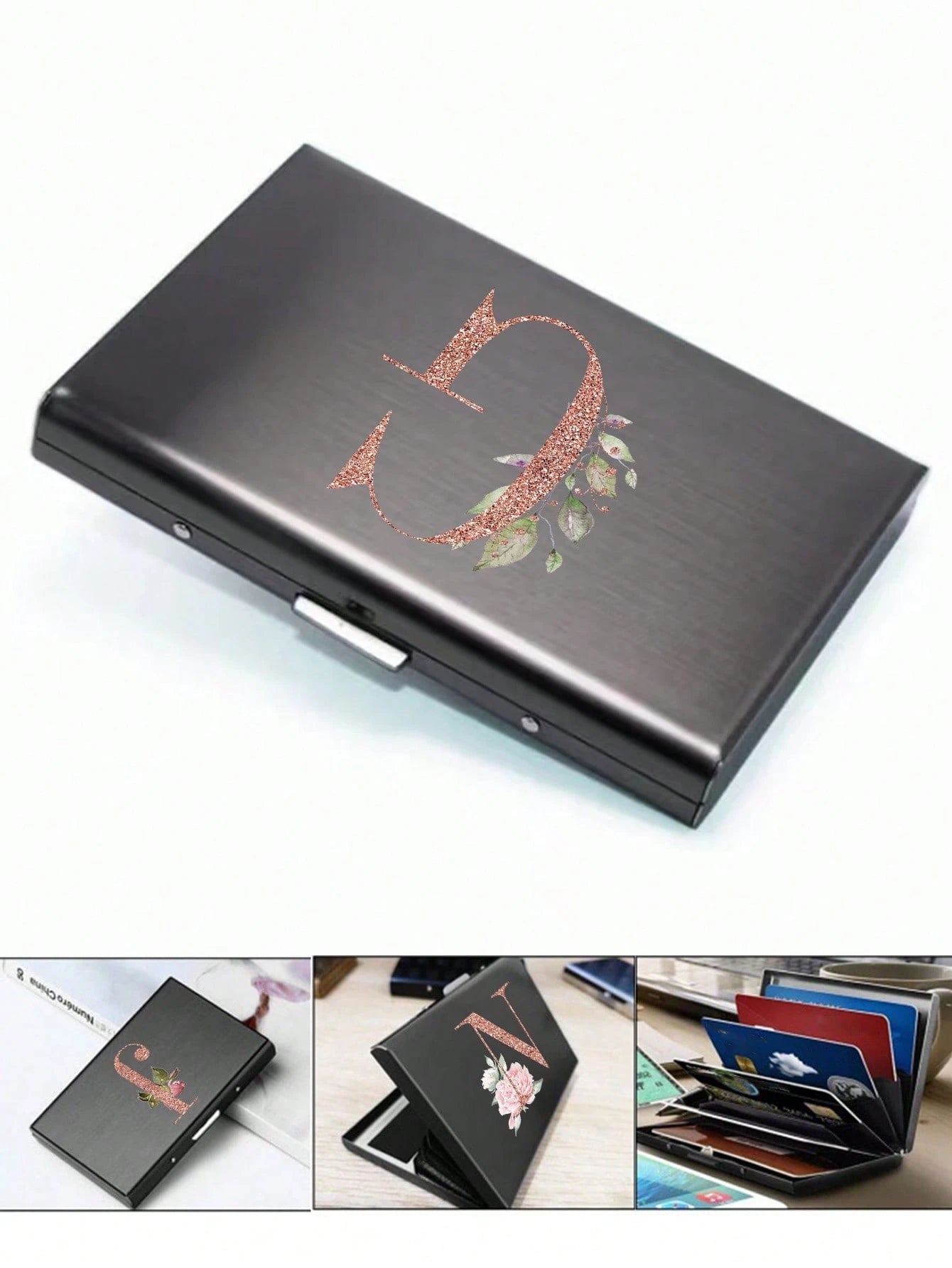 1pc Ultra-Thin Card Holder, Rose Gold, A To Z Letter Pattern Wallet, ID Card/Bank Card Holder, Ultra-Thin Aluminum Alloy Metal Wallet, Bank Card Box, Men's Metal S-Shaped Card Holder, Business Card Ho