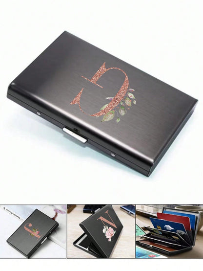 1pc Ultra-Thin Card Holder, Rose Gold, A To Z Letter Pattern Wallet, ID Card/Bank Card Holder, Ultra-Thin Aluminum Alloy Metal Wallet, Bank Card Box, Men's Metal S-Shaped Card Holder, Business Card Ho