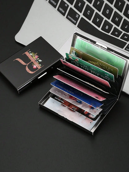 1pc Ultra-Thin Card Holder, Rose Gold, A To Z Letter Pattern Wallet, ID Card/Bank Card Holder, Ultra-Thin Aluminum Alloy Metal Wallet, Bank Card Box, Men's Metal S-Shaped Card Holder, Business Card Ho