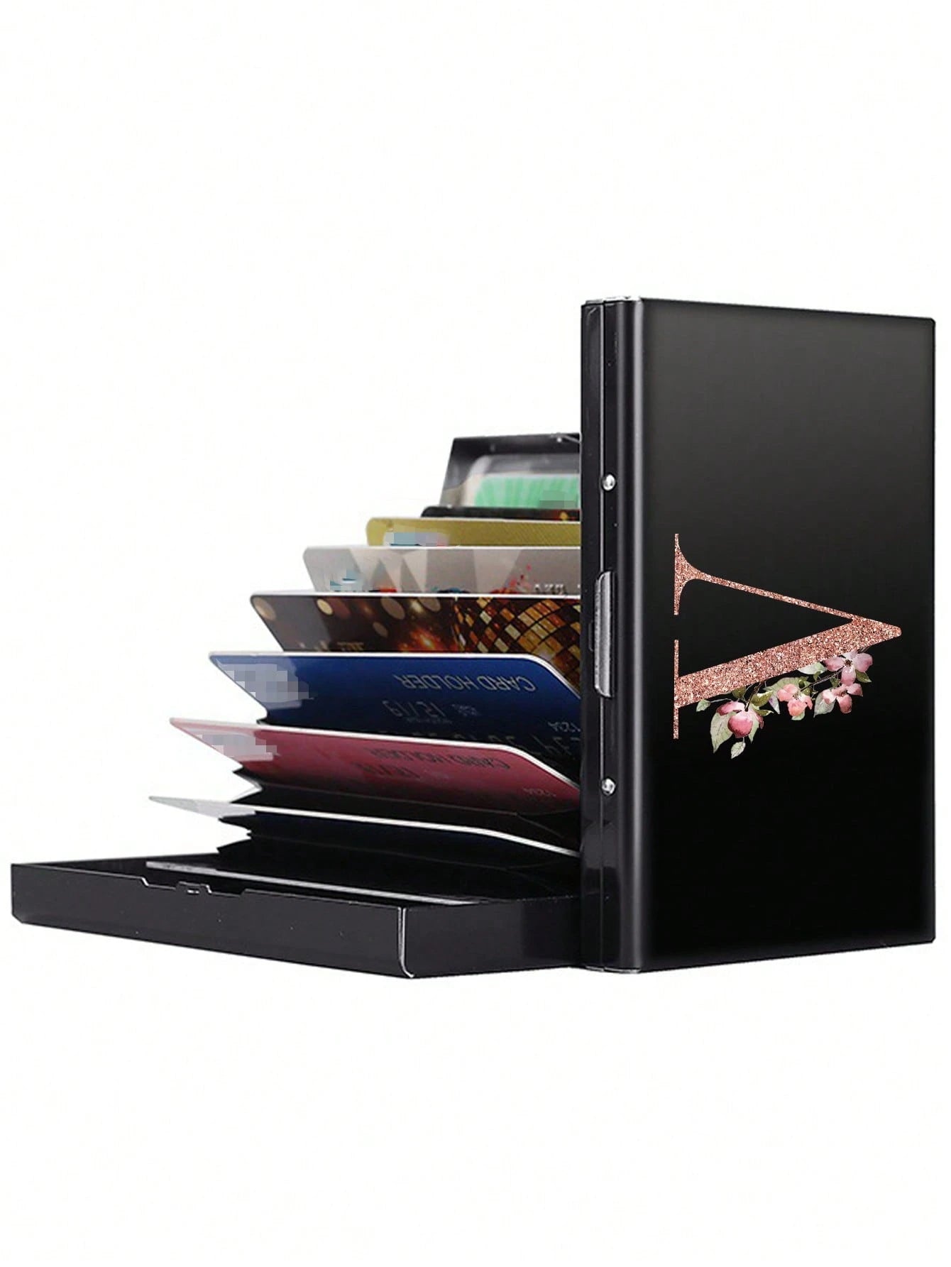 1pc Ultra-Thin Card Holder, Rose Gold, A To Z Letter Pattern Wallet, ID Card/Bank Card Holder, Ultra-Thin Aluminum Alloy Metal Wallet, Bank Card Box, Men's Metal S-Shaped Card Holder, Business Card Ho