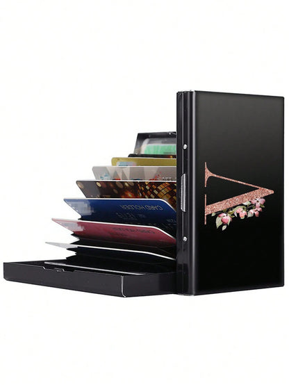 1pc Ultra-Thin Card Holder, Rose Gold, A To Z Letter Pattern Wallet, ID Card/Bank Card Holder, Ultra-Thin Aluminum Alloy Metal Wallet, Bank Card Box, Men's Metal S-Shaped Card Holder, Business Card Ho