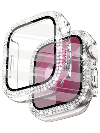 1pc Unisex Transparent Shiny Crystal Rhinestone Decorative Fashionable Anti-Drop Ultra-Thin Tempered Glass Screen Protector, Compatible With Apple Watch Case 38/40/41/42/44/45/46/49mm, Suitable For Ap