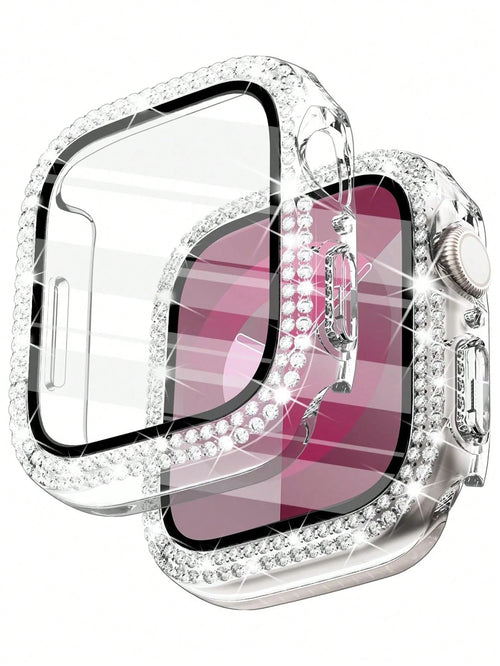 1pc Unisex Transparent Shiny Crystal Rhinestone Decorative Fashionable Anti-Drop Ultra-Thin Tempered Glass Screen Protector, Compatible With Apple Watch Case 38/40/41/42/44/45/46/49mm, Suitable For Ap