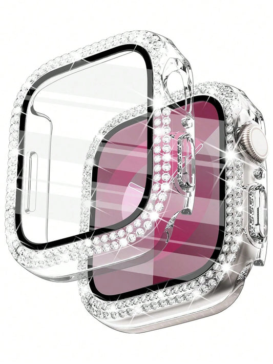 1pc Unisex Transparent Shiny Crystal Rhinestone Decorative Fashionable Anti-Drop Ultra-Thin Tempered Glass Screen Protector, Compatible With Apple Watch Case 38/40/41/42/44/45/46/49mm, Suitable For Ap