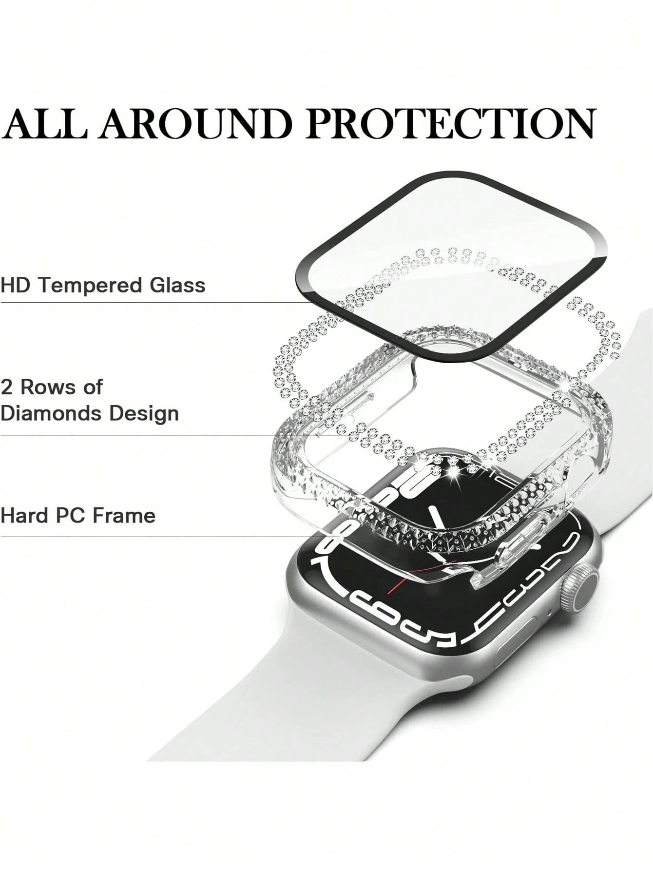 1pc Unisex Transparent Shiny Crystal Rhinestone Decorative Fashionable Anti-Drop Ultra-Thin Tempered Glass Screen Protector, Compatible With Apple Watch Case 38/40/41/42/44/45/46/49mm, Suitable For Ap