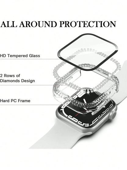 1pc Unisex Transparent Shiny Crystal Rhinestone Decorative Fashionable Anti-Drop Ultra-Thin Tempered Glass Screen Protector, Compatible With Apple Watch Case 38/40/41/42/44/45/46/49mm, Suitable For Ap