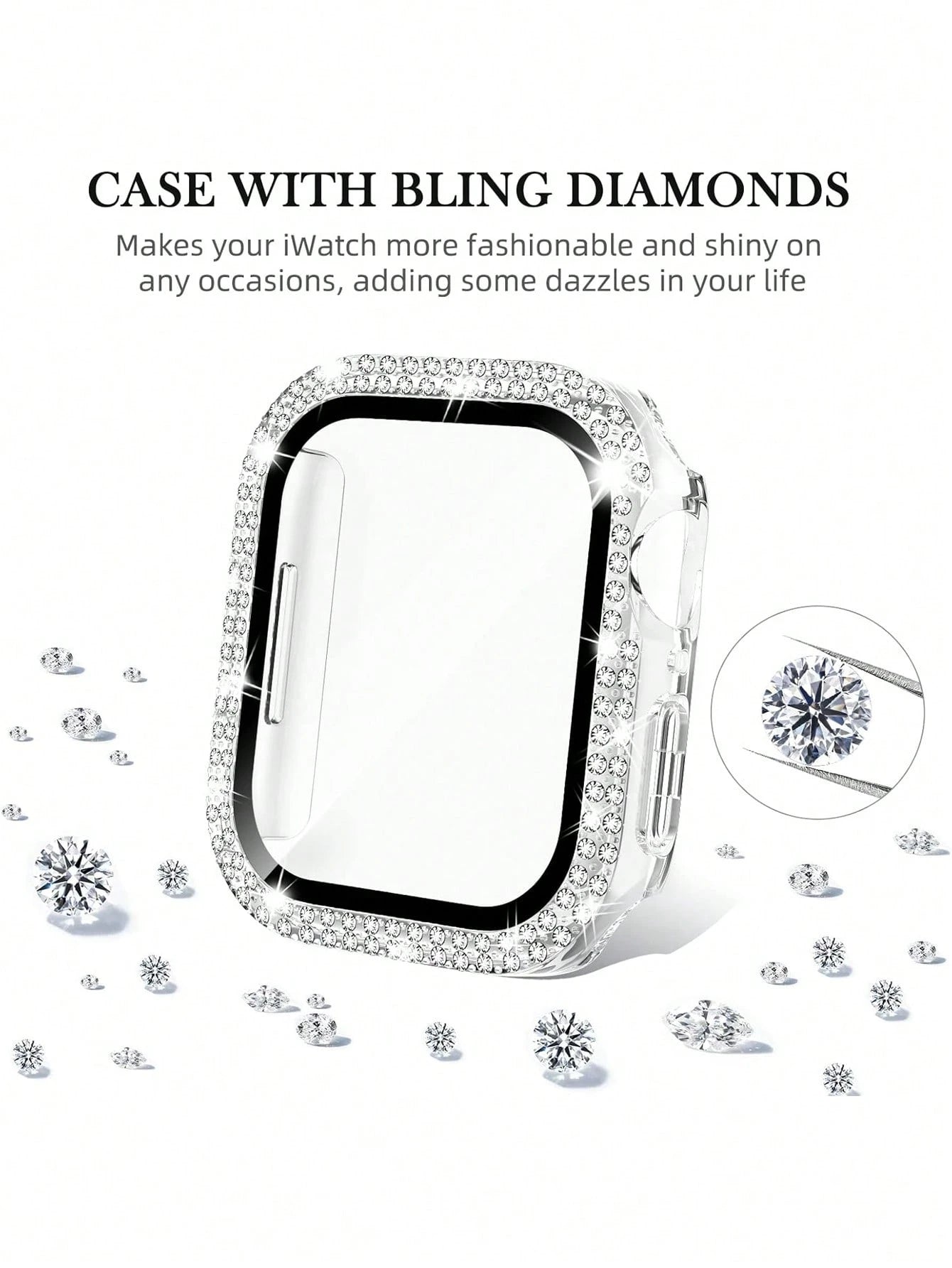 1pc Unisex Transparent Shiny Crystal Rhinestone Decorative Fashionable Anti-Drop Ultra-Thin Tempered Glass Screen Protector, Compatible With Apple Watch Case 38/40/41/42/44/45/46/49mm, Suitable For Ap