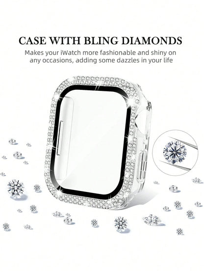 1pc Unisex Transparent Shiny Crystal Rhinestone Decorative Fashionable Anti-Drop Ultra-Thin Tempered Glass Screen Protector, Compatible With Apple Watch Case 38/40/41/42/44/45/46/49mm, Suitable For Ap