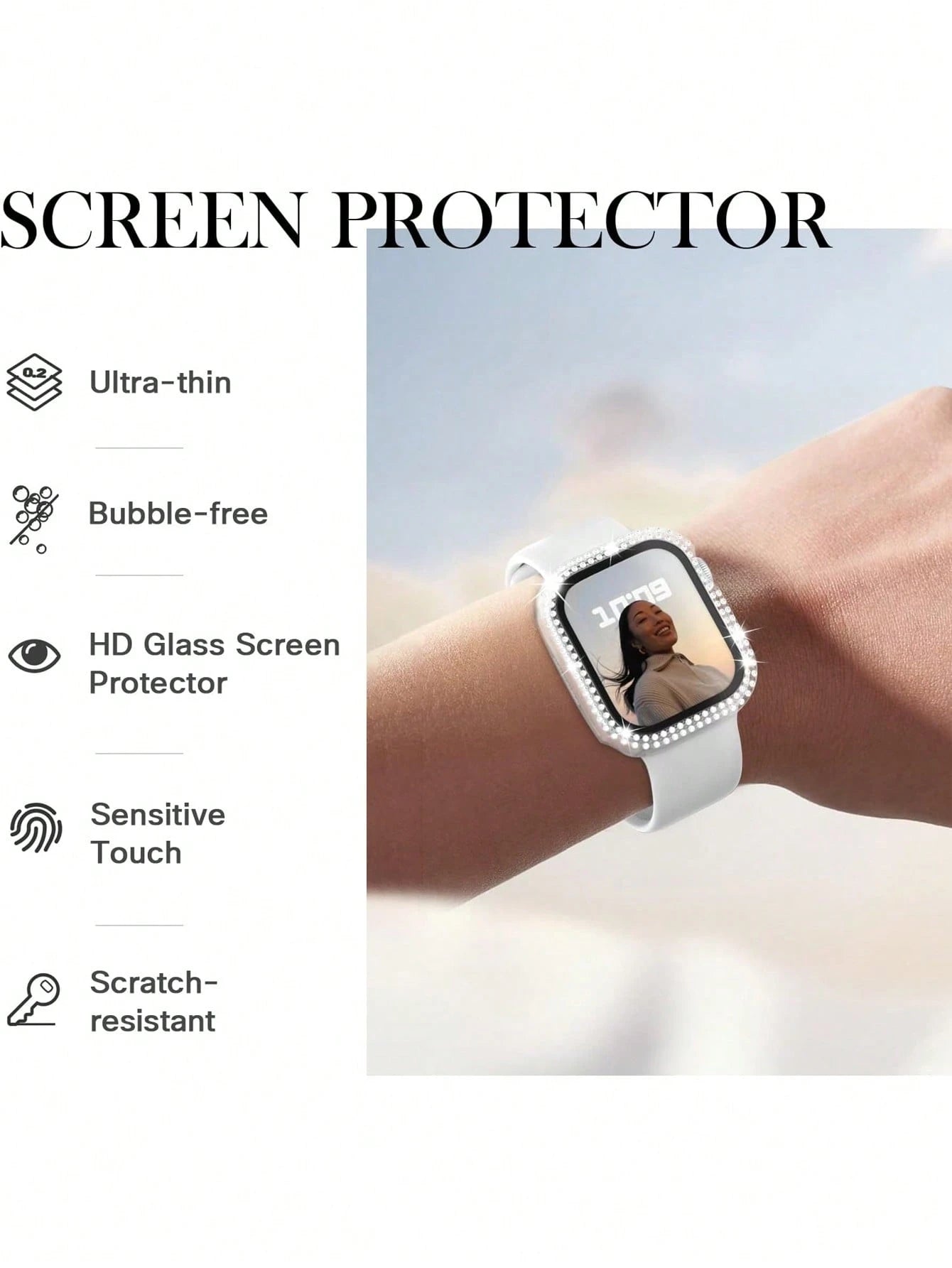 1pc Unisex Transparent Shiny Crystal Rhinestone Decorative Fashionable Anti-Drop Ultra-Thin Tempered Glass Screen Protector, Compatible With Apple Watch Case 38/40/41/42/44/45/46/49mm, Suitable For Ap