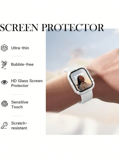 1pc Unisex Transparent Shiny Crystal Rhinestone Decorative Fashionable Anti-Drop Ultra-Thin Tempered Glass Screen Protector, Compatible With Apple Watch Case 38/40/41/42/44/45/46/49mm, Suitable For Ap