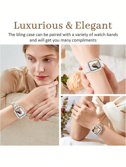 1pc Unisex Transparent Shiny Crystal Rhinestone Decorative Fashionable Anti-Drop Ultra-Thin Tempered Glass Screen Protector, Compatible With Apple Watch Case 38/40/41/42/44/45/46/49mm, Suitable For Ap