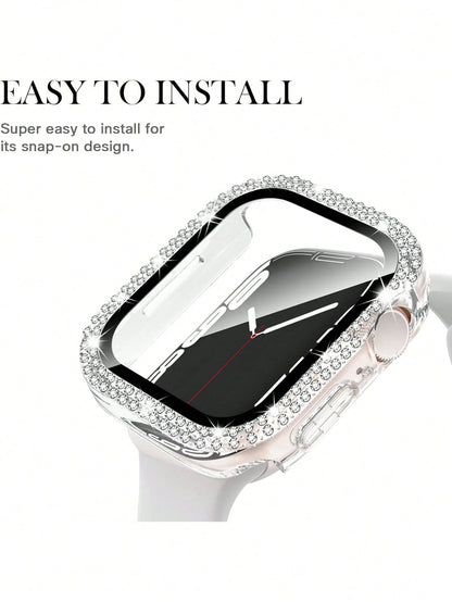 1pc Unisex Transparent Shiny Crystal Rhinestone Decorative Fashionable Anti-Drop Ultra-Thin Tempered Glass Screen Protector, Compatible With Apple Watch Case 38/40/41/42/44/45/46/49mm, Suitable For Ap