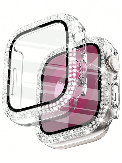 1pc Unisex Transparent Shiny Crystal Rhinestone Decorative Fashionable Anti-Drop Ultra-Thin Tempered Glass Screen Protector, Compatible With Apple Watch Case 38/40/41/42/44/45/46/49mm, Suitable For Ap