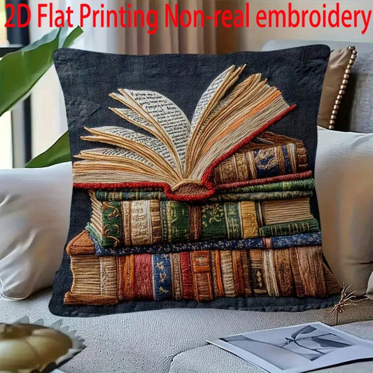 1pc Vintage Book Decorative Pillow Cover, Medieval Manuscript Design, 2D Embroidery Print Soft Plush 18"X18" Cushion Cover, Zipper Closure Machine Washable For Sofa, Bedroom, Home Decor, Pillow Insert