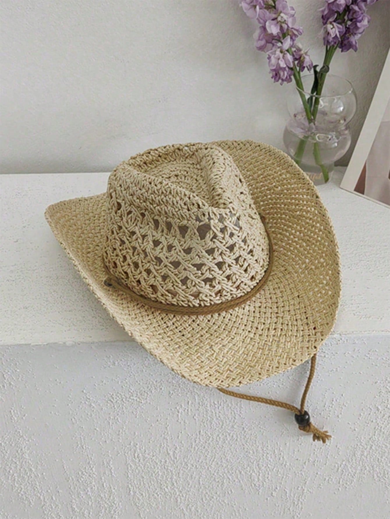 1pc Vintage Hollow Brim Wide Brim Straw Hat, Suitable For Spring/Summer Outdoor Travel Vacation Beach, Handwoven Breathable UV Protection Western Cowboy Panama Straw Hat For Men And Women