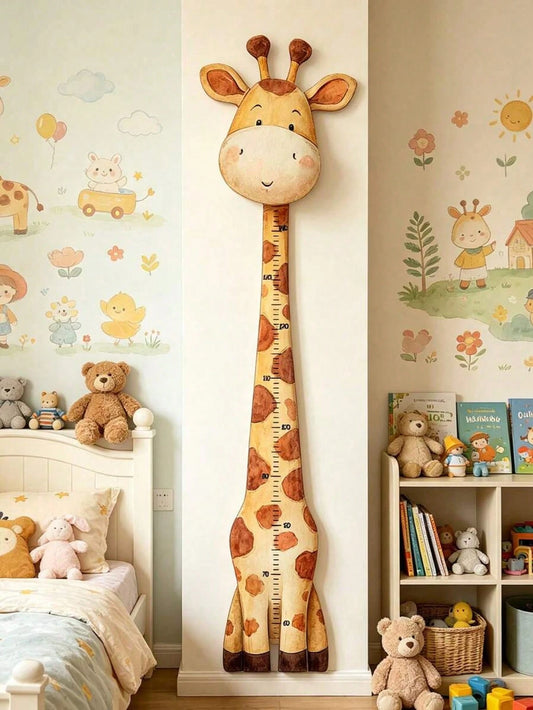 1pc Watercolor Giraffe Height Growth Chart Wall Sticker, Removable Cartoon Animal Height Ruler Decal, Neutral Bohemian Style Nursery Children's Room Wall Decor