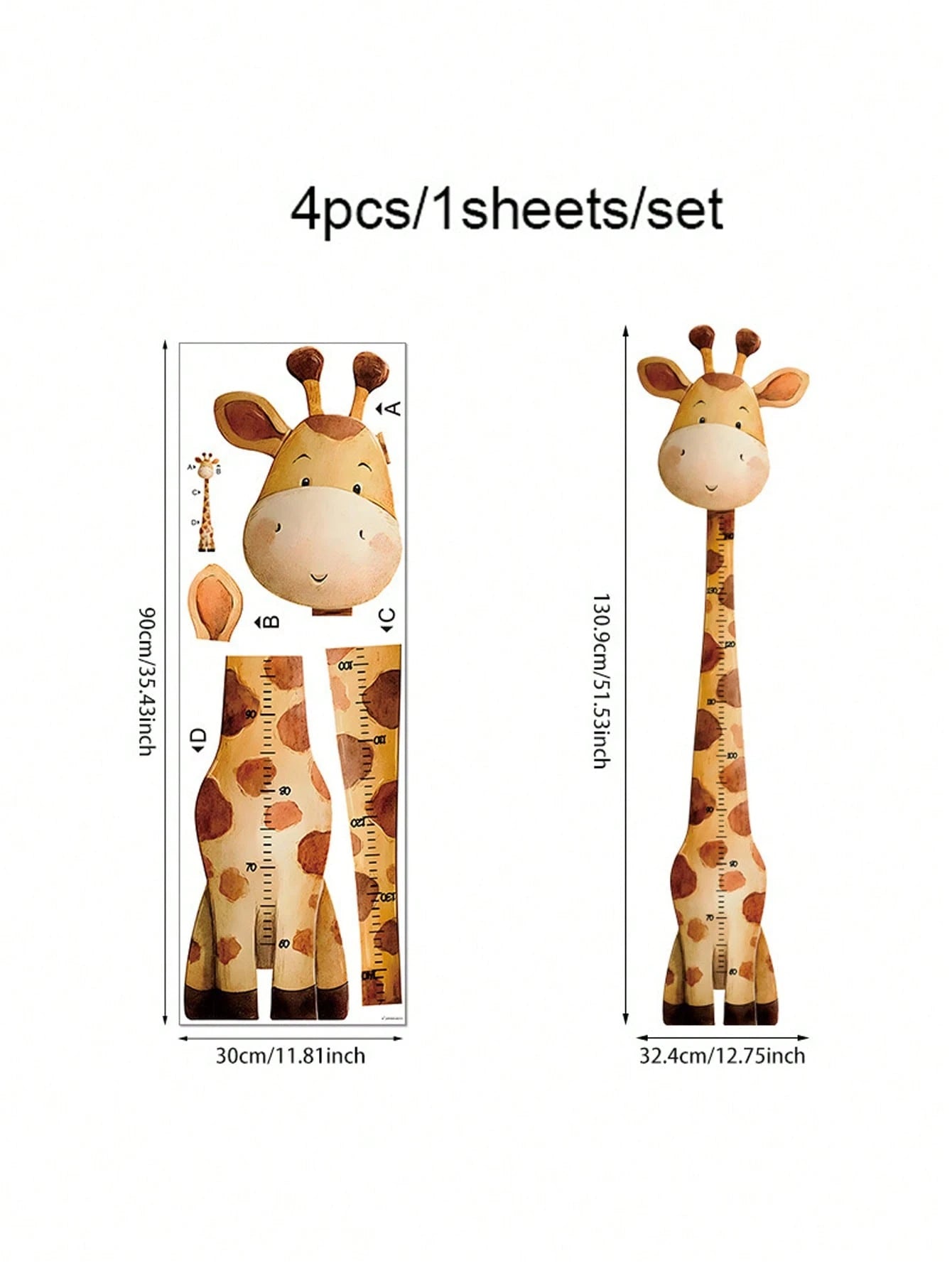 1pc Watercolor Giraffe Height Growth Chart Wall Sticker, Removable Cartoon Animal Height Ruler Decal, Neutral Bohemian Style Nursery Children's Room Wall Decor