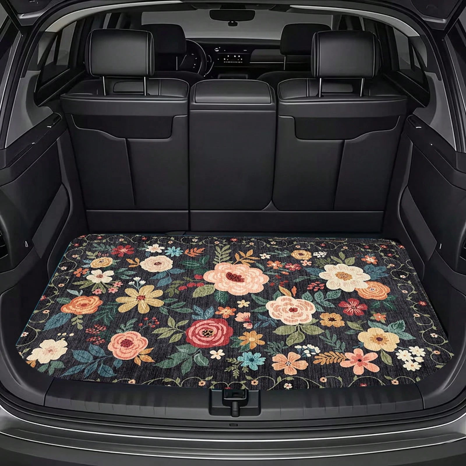 1pc, Waterproof Trunk Mat, Car Cargo Liner, Universal Fit For Suvs And Sedans, Floral Pattern With Multicolor Roses And Leaves On Dark Background, Heavy Duty Non-Slip Rubber Backing, Suitable For All