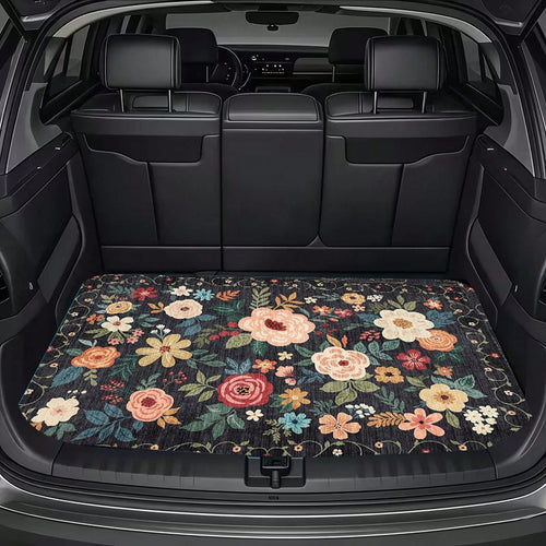 1pc, Waterproof Trunk Mat, Car Cargo Liner, Universal Fit For Suvs And Sedans, Floral Pattern With Multicolor Roses And Leaves On Dark Background, Heavy Duty Non-Slip Rubber Backing, Suitable For All