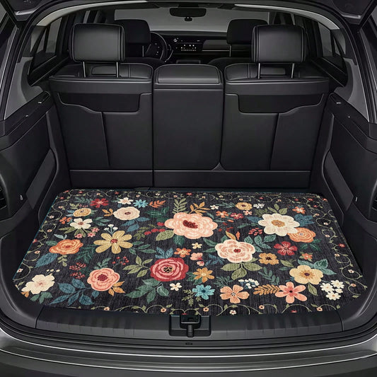 1pc, Waterproof Trunk Mat, Car Cargo Liner, Universal Fit For Suvs And Sedans, Floral Pattern With Multicolor Roses And Leaves On Dark Background, Heavy Duty Non-Slip Rubber Backing, Suitable For All
