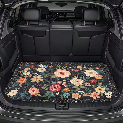 1pc, Waterproof Trunk Mat, Car Cargo Liner, Universal Fit For Suvs And Sedans, Floral Pattern With Multicolor Roses And Leaves On Dark Background, Heavy Duty Non-Slip Rubber Backing, Suitable For All