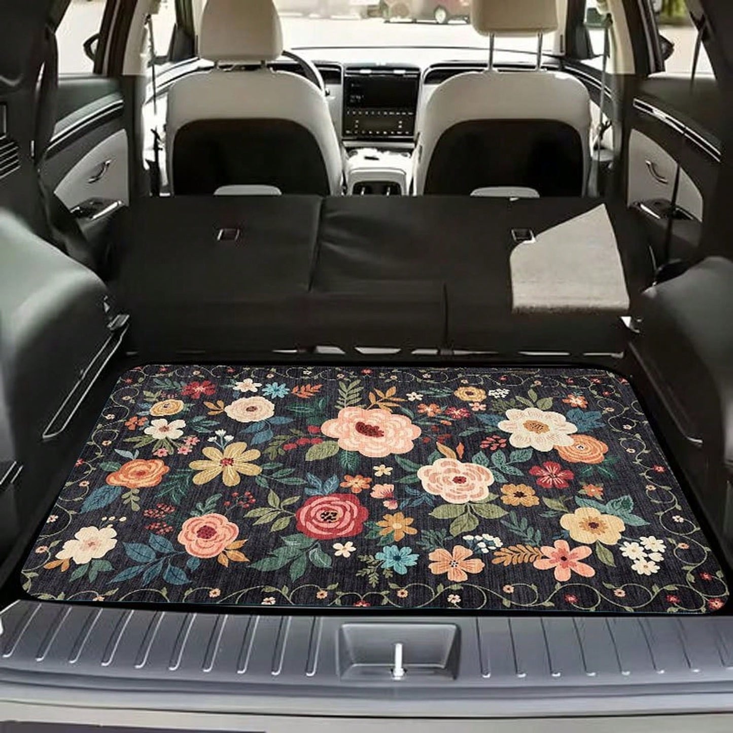 1pc, Waterproof Trunk Mat, Car Cargo Liner, Universal Fit For Suvs And Sedans, Floral Pattern With Multicolor Roses And Leaves On Dark Background, Heavy Duty Non-Slip Rubber Backing, Suitable For All
