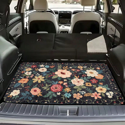 1pc, Waterproof Trunk Mat, Car Cargo Liner, Universal Fit For Suvs And Sedans, Floral Pattern With Multicolor Roses And Leaves On Dark Background, Heavy Duty Non-Slip Rubber Backing, Suitable For All